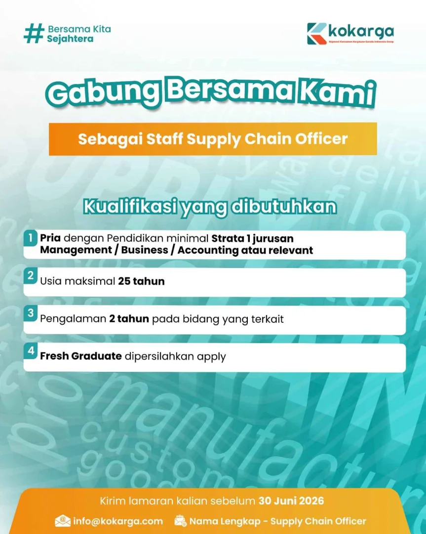 Kokarga Buka Lowongan Staff Supply Chain Officer, Fresh Graduate Dipersilakan Melamar